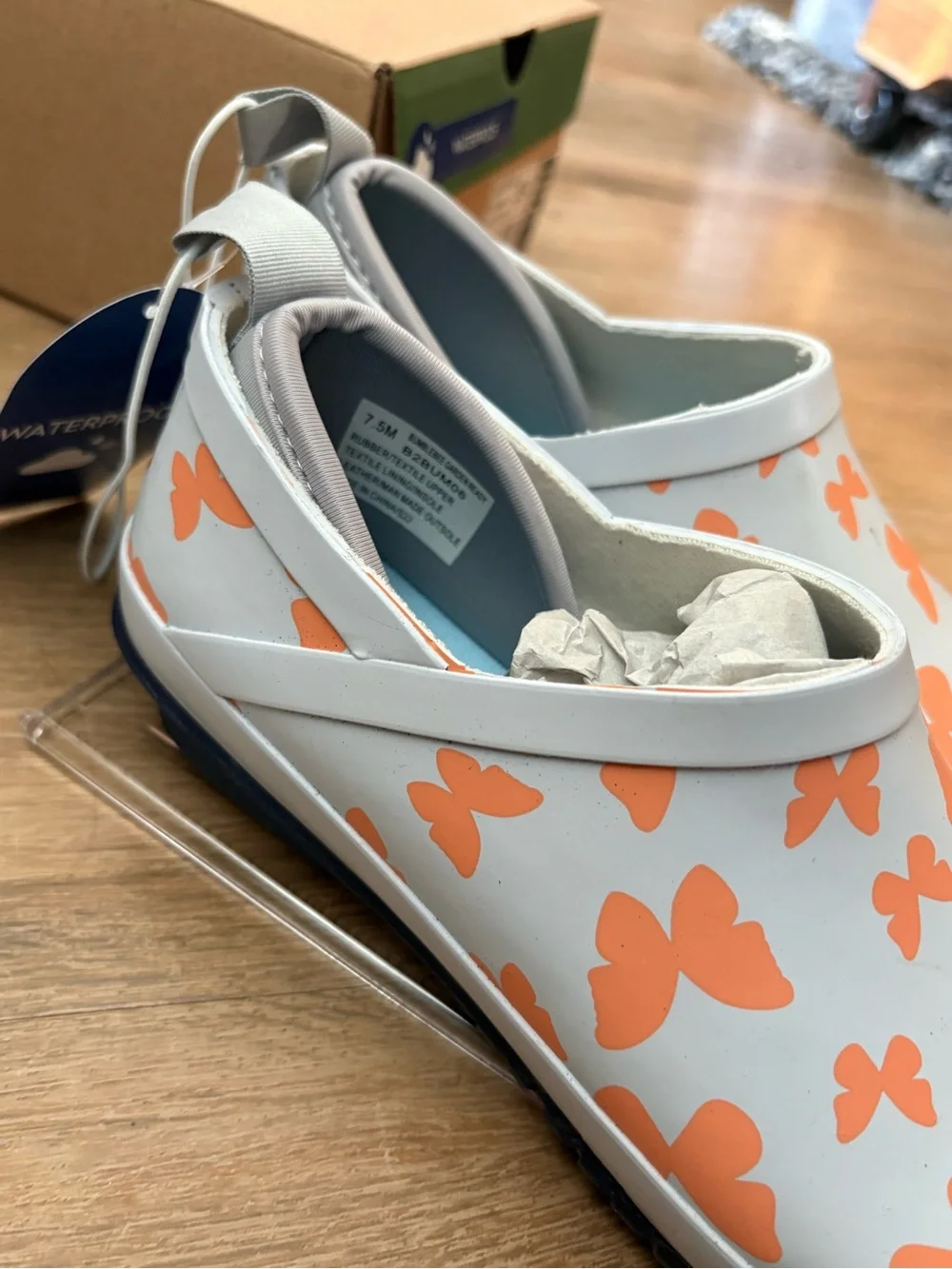 JBU Kids Waterproof Slip-On Boots in Light Gray with Orange Butterfly Print